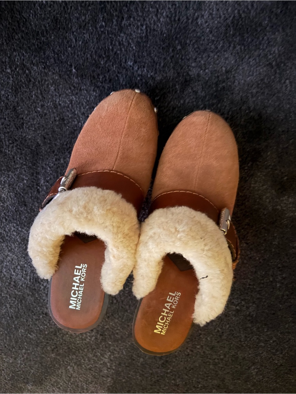 Michael Kors Brown Suede Mules with Cream Shearling Trim (circa 2007 ish)